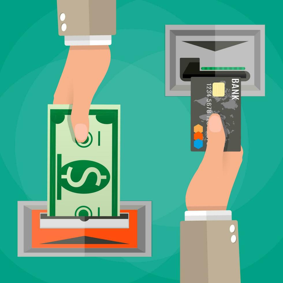 Geldautomaat terminal gebruik concept. een hand- inzetstukken een credit kaart in Geldautomaat en een ander hand- duurt de geld van de Geldautomaat. vector illustratie in vlak ontwerp Aan groen achtergrond