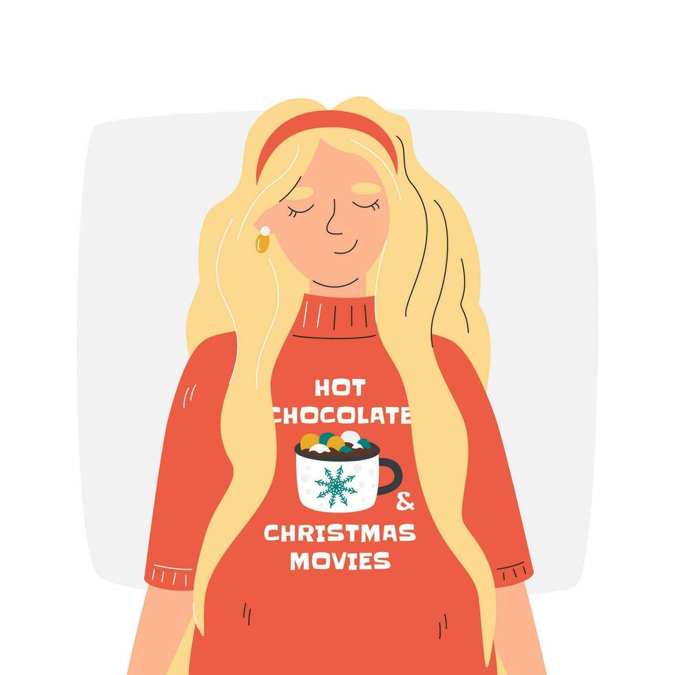 jong volwassen vrouw denken over lelijk trui feest. schattig meisje in oranje kleren. Kerstmis karakter ontwerp geïsoleerd Aan wit. blond golvend haren vrouw karakter hand- getrokken vlak vector illustratie