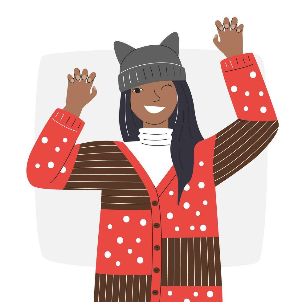 speels jong volwassen meisje in kat hoed en lelijk trui. mooi inheems Amerikaans vrouw portret in wijnoogst getextureerde vest. grappig vrouw Kerstmis karakter hand- getrokken vlak vector illustratie geïsoleerd