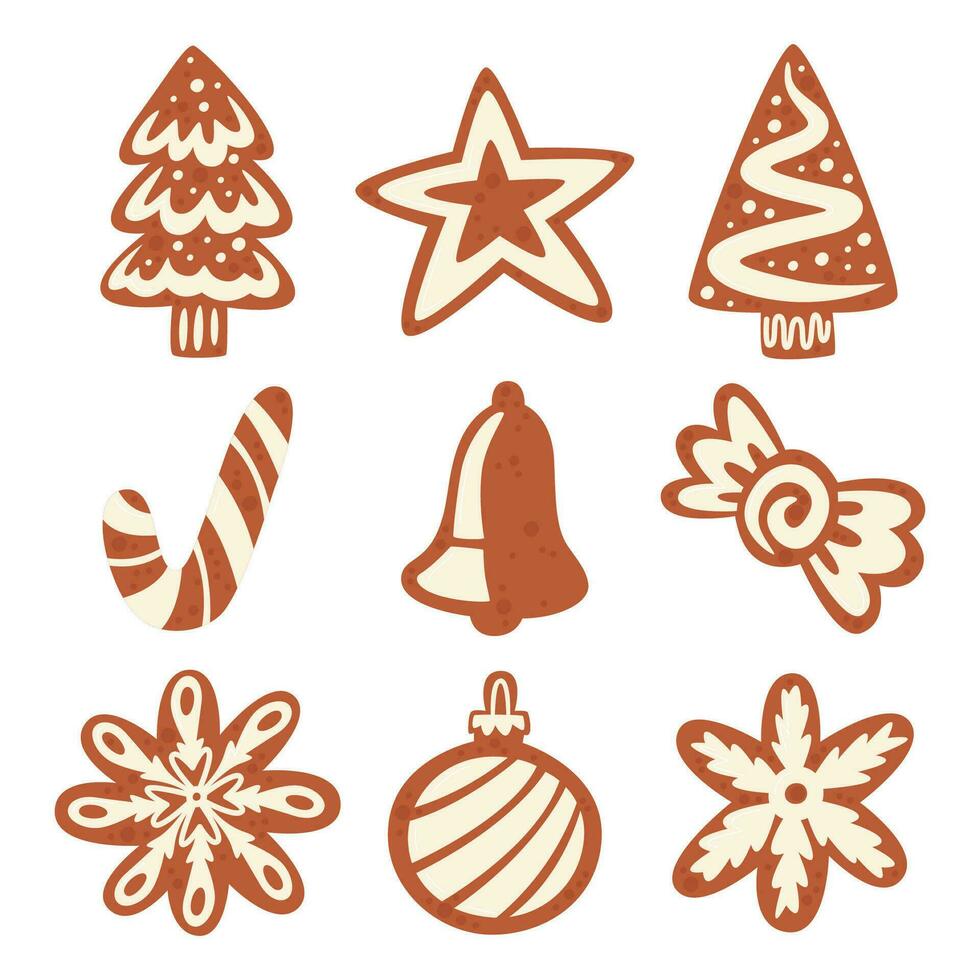 schattig bakken zoet behandelt reeks geïsoleerd. Amerikaans peperkoek koekjes verzameling. Kerstmis vakantie en viering symbolen. mooi feestelijk koekjes. traditioneel voedsel hand- getrokken vlak vector illustratie