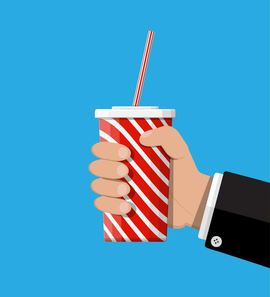 rood gestreept papier glas met drinken rietje in hand. beschikbaar kop voor dranken. snel voedsel. vector illustratie in vlak stijl