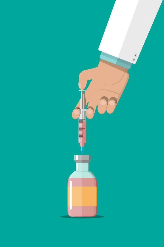 ampul en injectiespuit met geneesmiddel in hand- van dokter. vaccinatie concept. gezondheidszorg, ziekenhuis en medisch diagnostiek. vector illustratie in vlak stijl