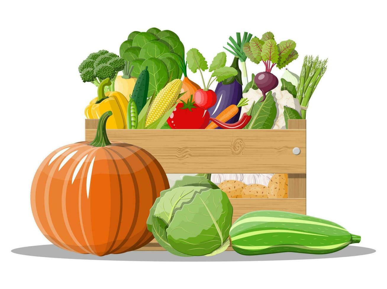 houten doos vol van groenten. ui, aubergine, kool, peper, pompoen, komkommer, tomaat wortel en andere groenten. biologisch gezond voedsel. vegetarisch voeding. vector illustratie in vlak stijl