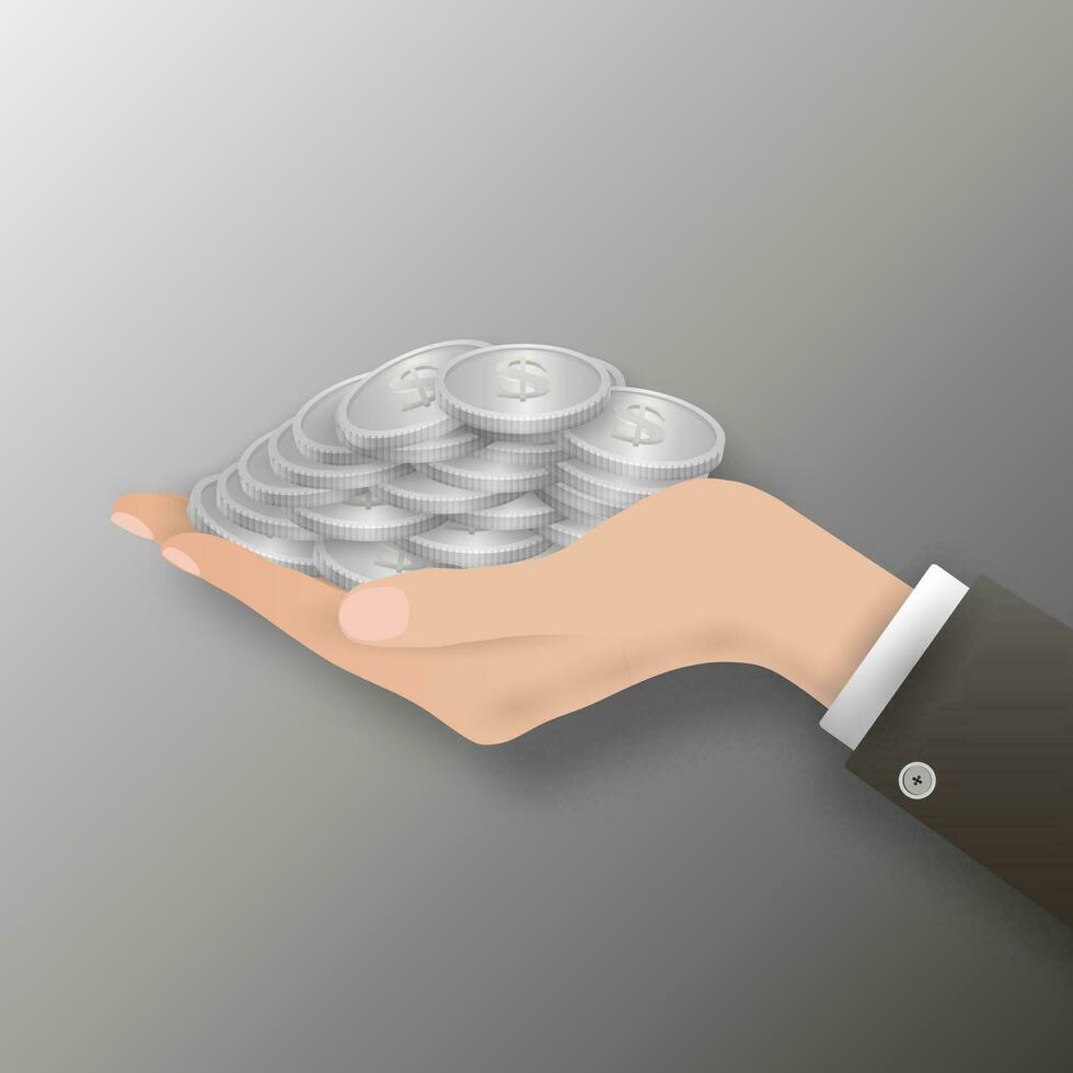 zaken Mens hand- vol van zilver munten met schaduw. vector illustratie