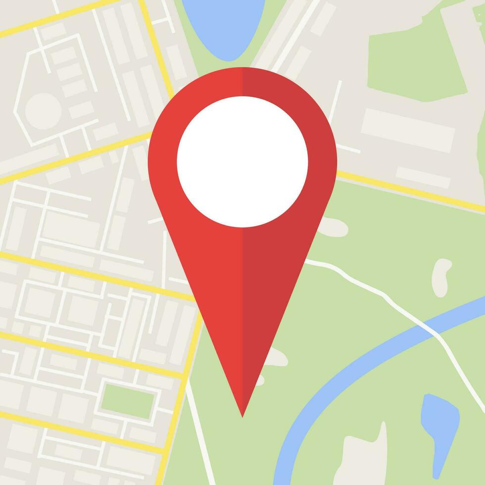 abstract algemeen stad kaart met wegen, gebouwen, parken, rivier. stad kaart met rood markeerstift pin, vector illustratie in vlak ontwerp
