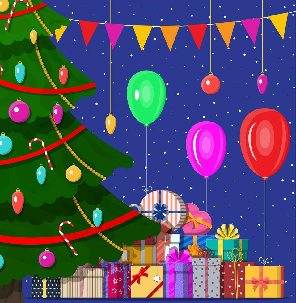 Kerstmis boom versierd met kleurrijk ballen, slinger lichten, gouden ster. veel van geschenk dozen. spar, groenblijvend boom. groet kaart, feestelijk poster. nieuw jaar. vector illustratie in vlak stijl