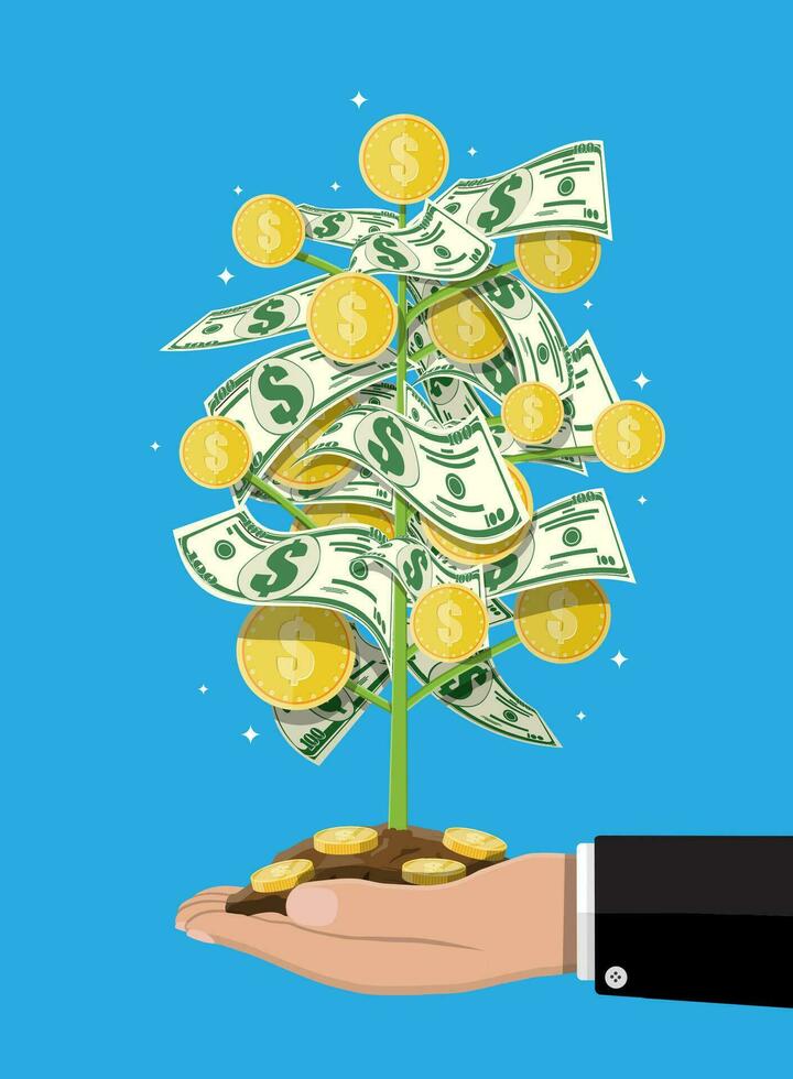 geld boom in hand. groeit geld boom. investering, investeren. goud munten en dollar bankbiljetten Aan takken. symbool van rijkdom. bedrijf succes. vlak stijl vector illustratie.