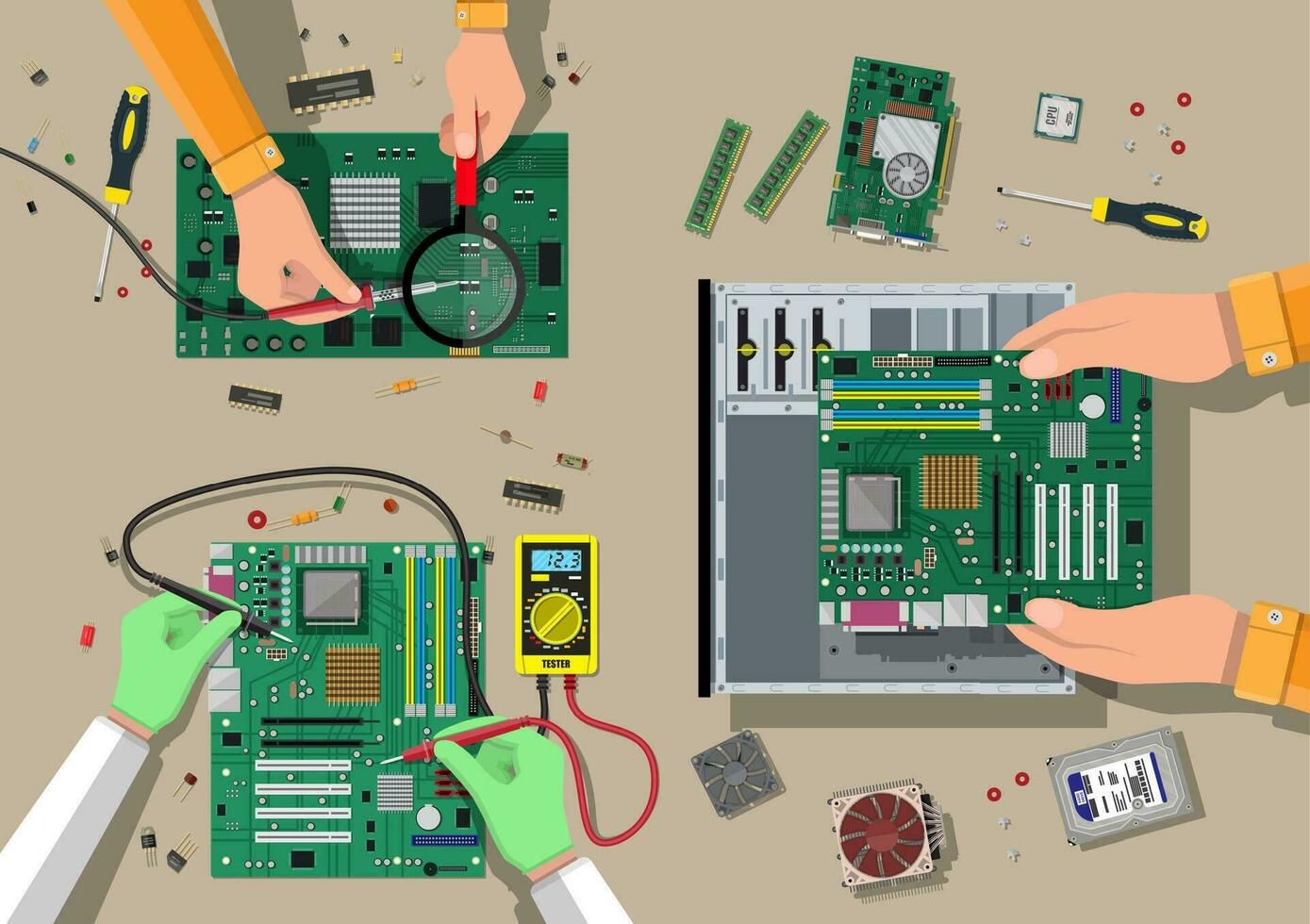 componenten voor persoonlijk computer. onderhoud, herstel, garantie, bevestigen. in elkaar zetten pc. computer hardware. vector illustratie in vlak stijl