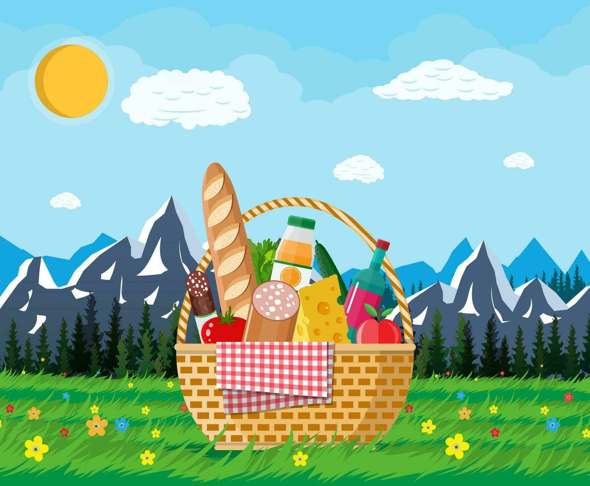 rieten picknick mand vol van producten, wijn, worst, spek en kaas, appel, tomaat, komkommer, salade, sap. gras, bloemen, bergen en bomen, lucht wolken zon vector illustratie in vlak stijl