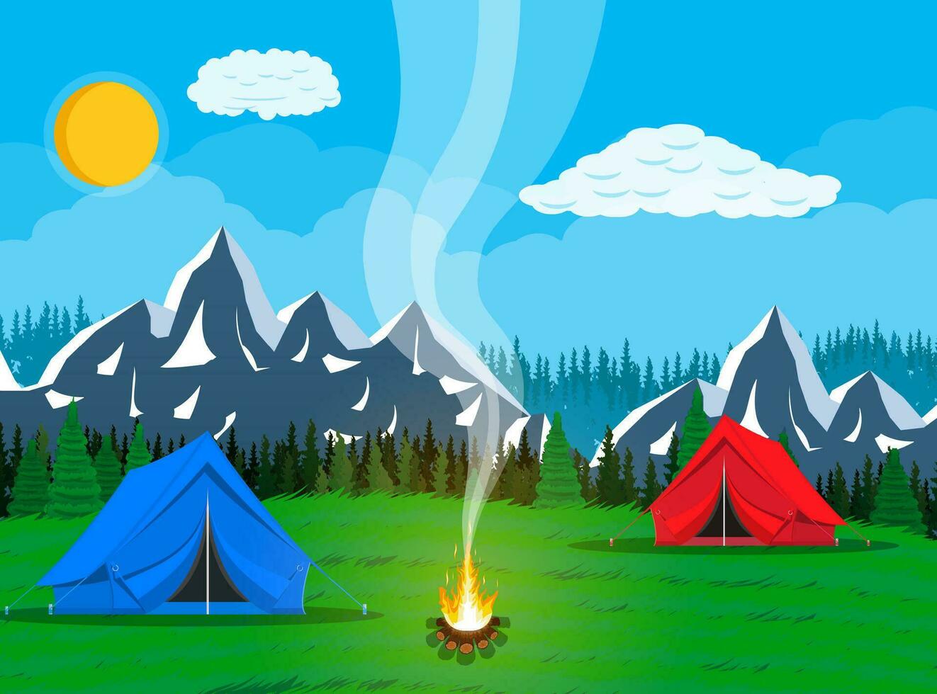 weide met gras en camping. tenten, vreugdevuur, bloemen, bergen, bomen, lucht, zon en wolken. vector illustratie in vlak stijl