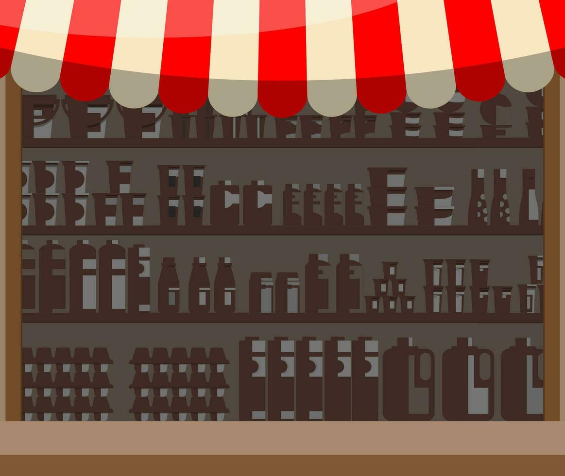 supermarkt houten vitrine. kleinhandel schappen voor producten. markt kraam met luifel. winkel plank, magazijn rek. op te slaan en winkelcentrum meubilair. vector illustratie in vlak stijl