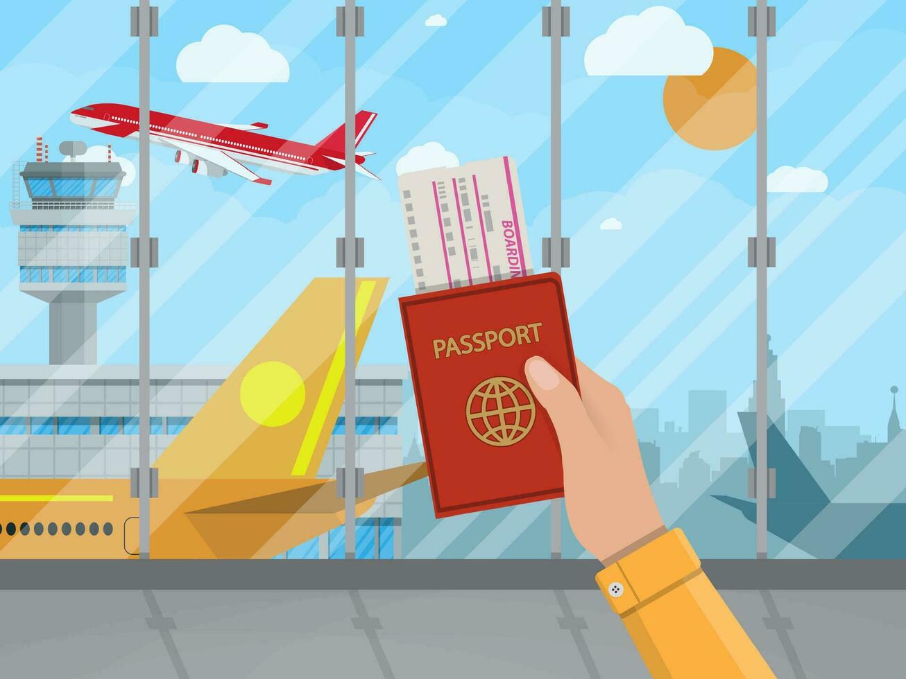 Mens met paspoort en instappen voorbij gaan aan aan het wachten vlucht binnen van luchthaven met een vlak, controle toren, stadsgezicht in achtergrond. reis, vakantie, bedrijf reis concept. vector illustratie in vlak ontwerp.