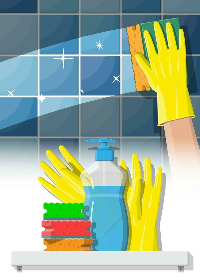 fles van wasmiddel, spons, zeep en rubber handschoenen. accessoires voor het wassen gerechten en huis schoonmaak. afwassen. vector illustratie in vlak stijl