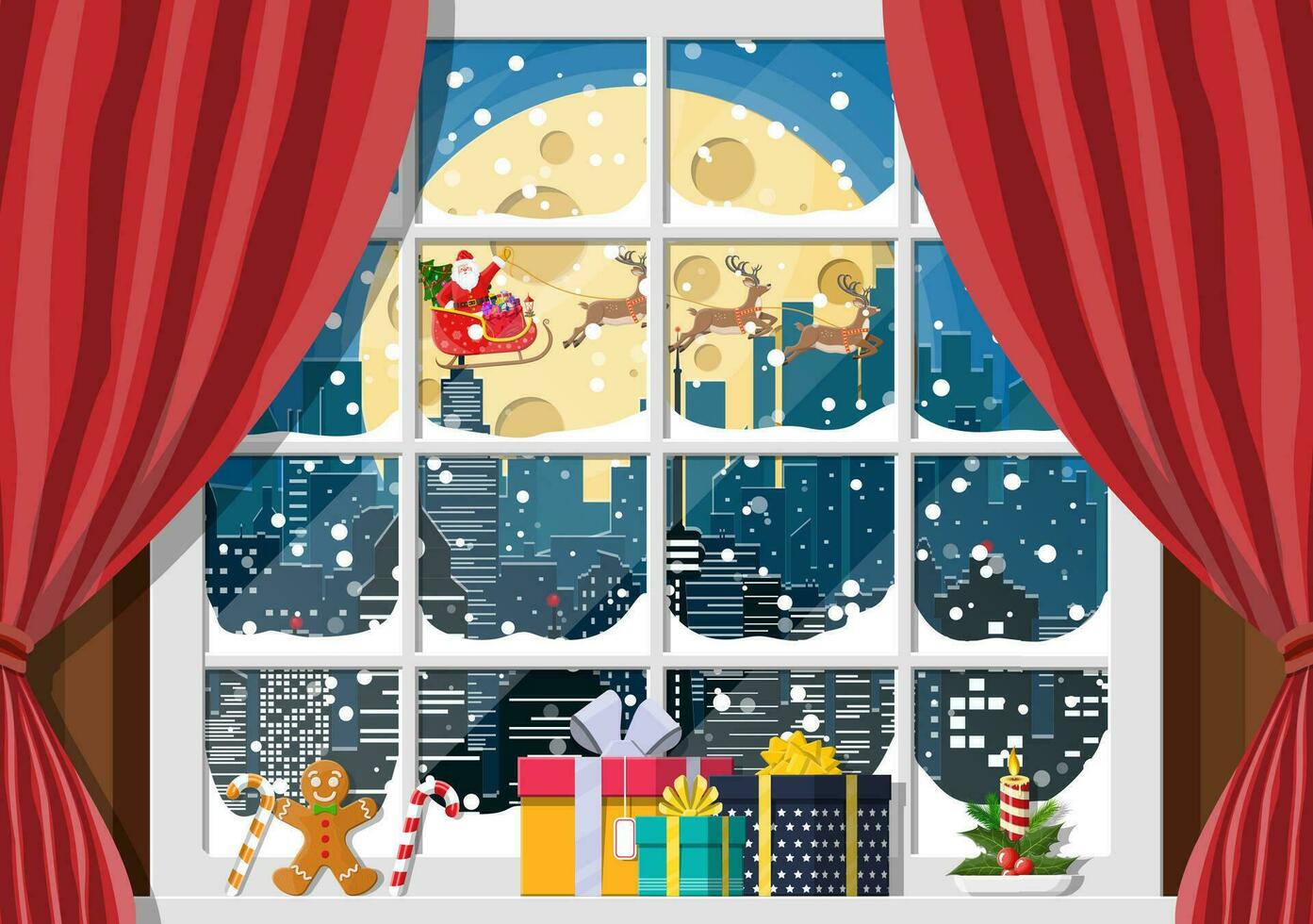 besneeuwd stadsgezicht in venster. interieur van kamer met gordijnen. gelukkig nieuw jaar decoratie. vrolijk Kerstmis vakantie. nieuw jaar en Kerstmis viering. vector illustratie vlak stijl