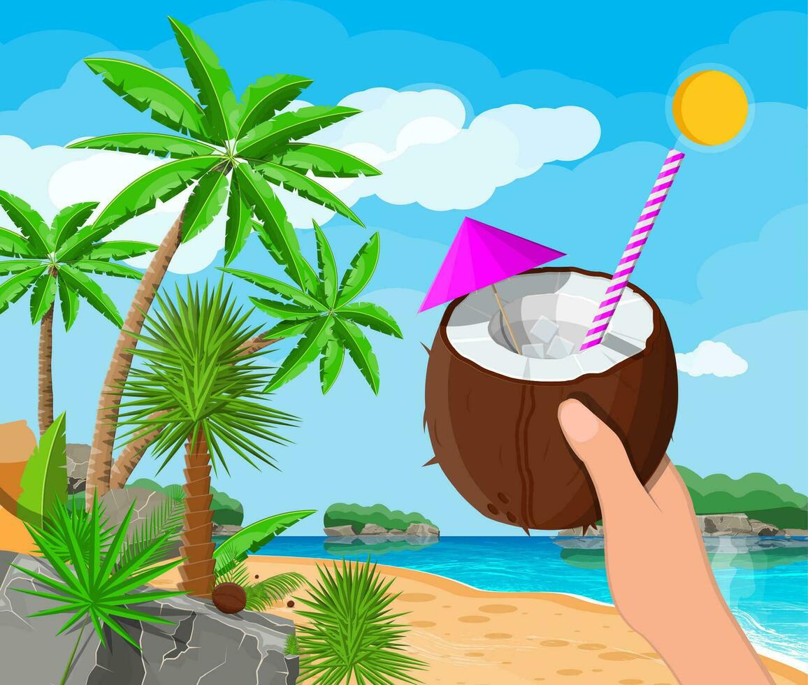 kokosnoot met verkoudheid drankje, alcohol cocktail in hand. landschap van palm boom Aan strand. zon met reflectie in water, wolken. dag in tropisch plaats. vakantie en vakantie. vector illustratie vlak stijl