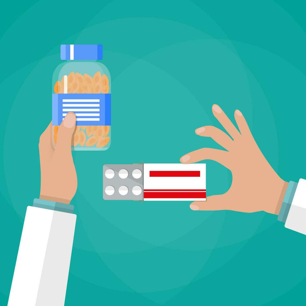 dokter hand- Holding doos van pillen en pot van capsules. vector illustratie in vlak stijl Aan groen achtergrond