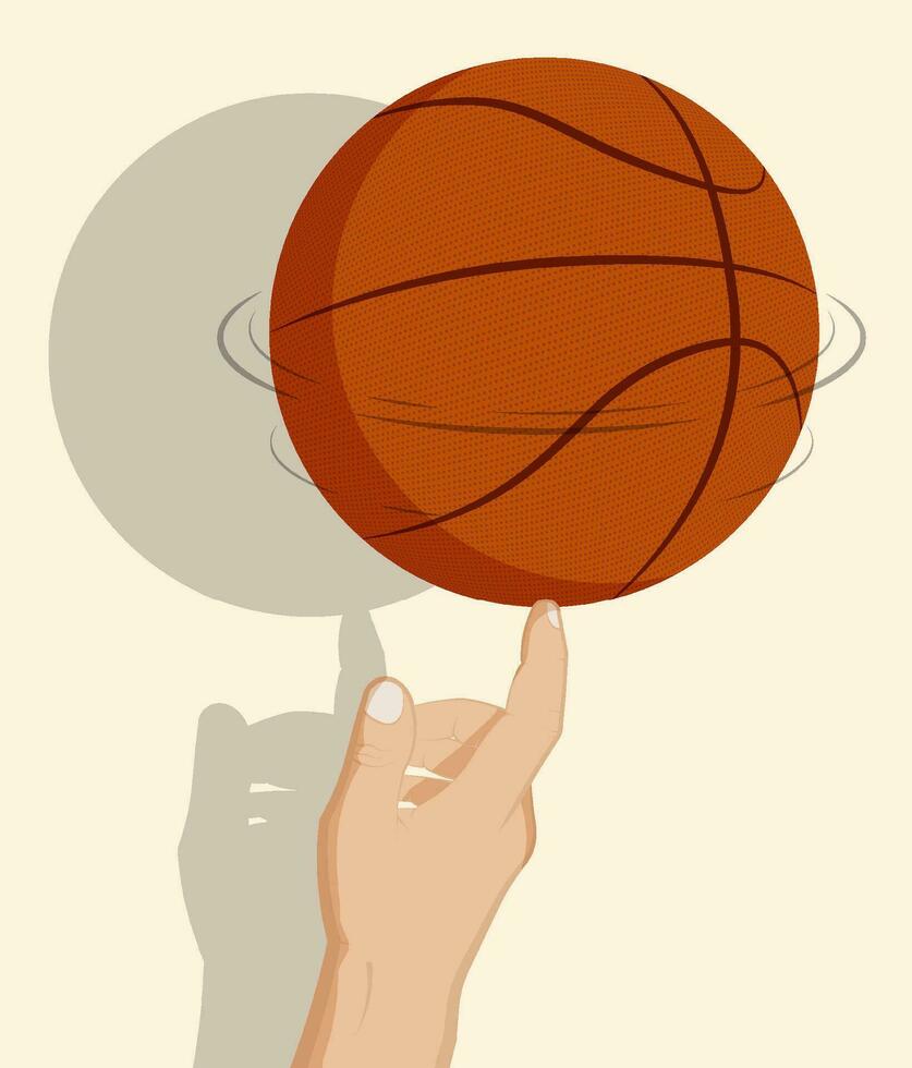 Mens hand- van atleet spins basketbal bal Aan inhoudsopgave vinger. team sport. trucs. actief levensstijl. tekenfilm vector