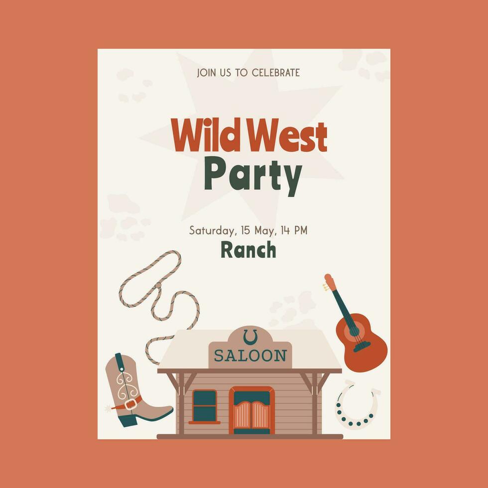 vlak stijl wild west cowboy partij poster, uitnodiging vector