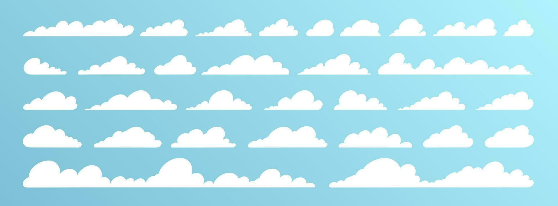 reeks van tekenfilm wolken in vlak ontwerp. verzameling van wit gekantelde wolken Aan een blauw achtergrond. vector