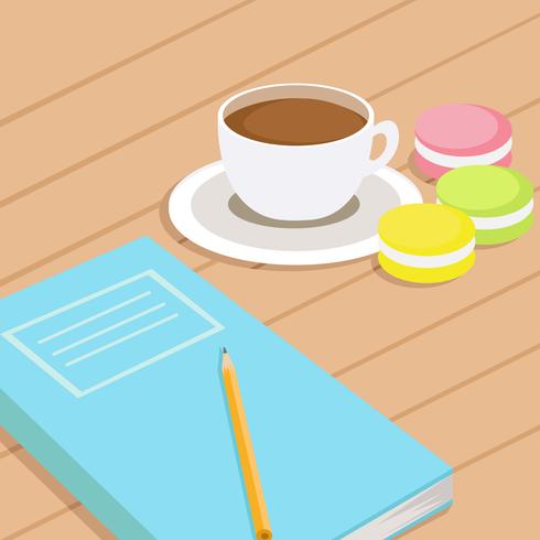 Koffie en drie verschillende gekleurde bitterkoekjes op tafel vector