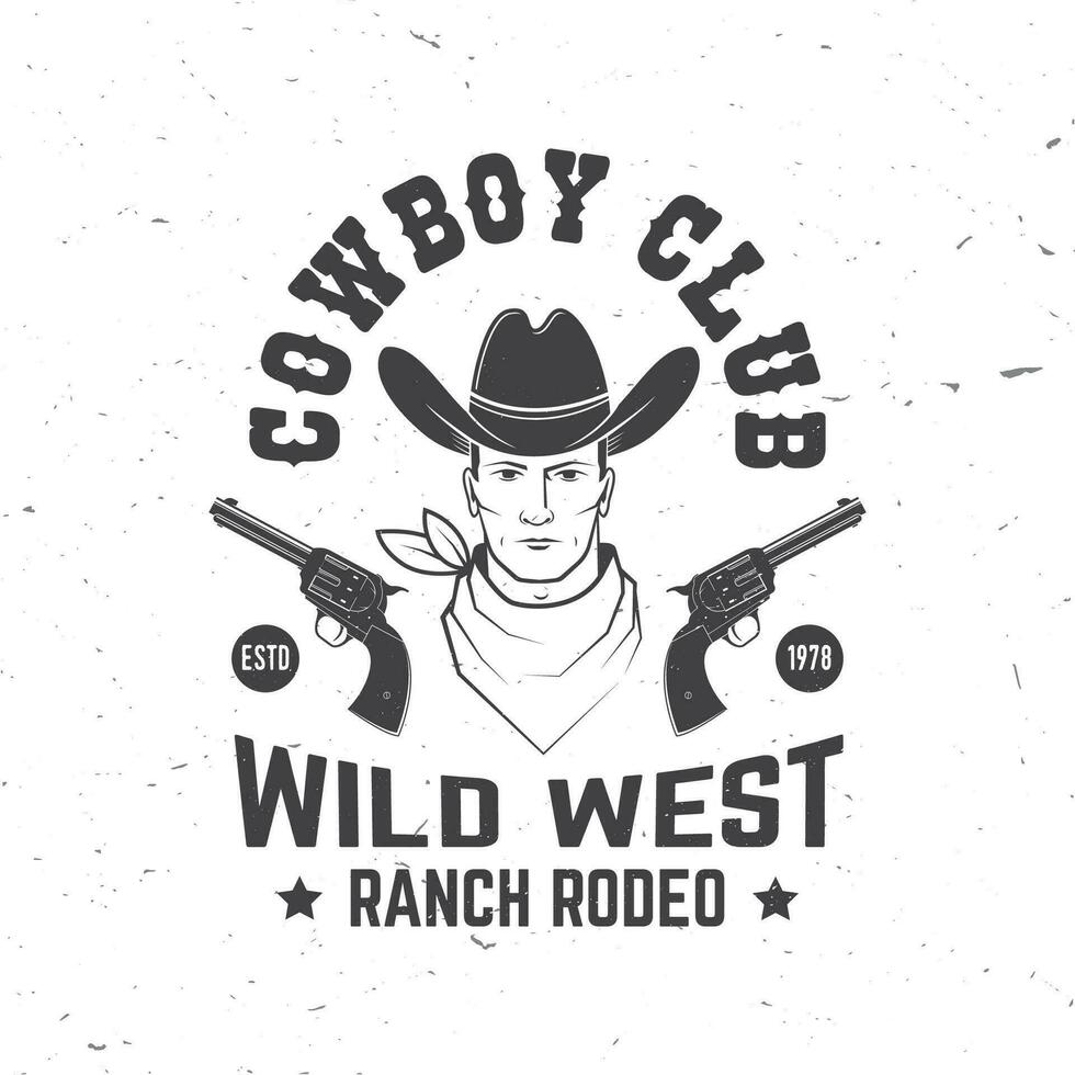 cowboy club kenteken. boerderij rodeo. vector. concept voor shirt, logo, afdrukken, stempel, tee met cowboy en pistool. wijnoogst typografie ontwerp met wild west en revolver silhouet. vector