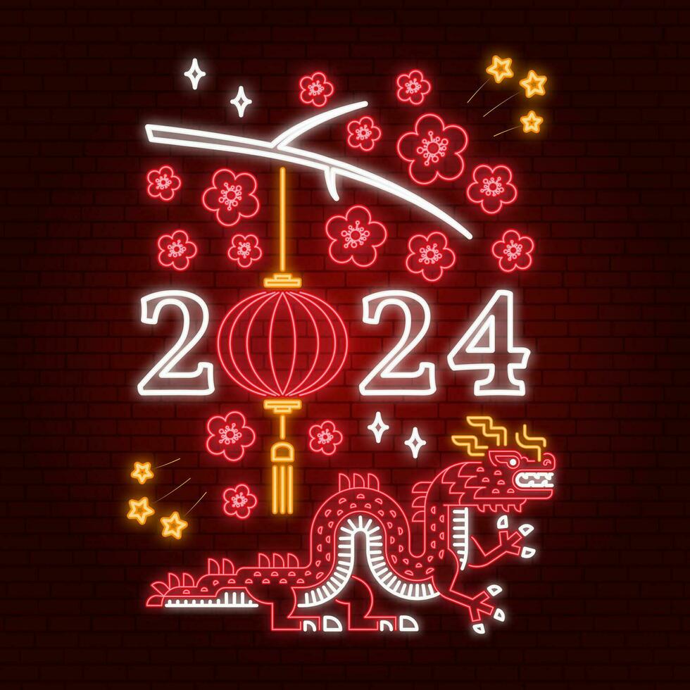 gelukkig Chinese nieuw jaar neon groeten kaart, flyers, poster in retro stijl met draak. vector. Chinese nieuw jaar neon teken met lantaarn voor nieuw jaar embleem, helder uithangbord, licht spandoek. vector