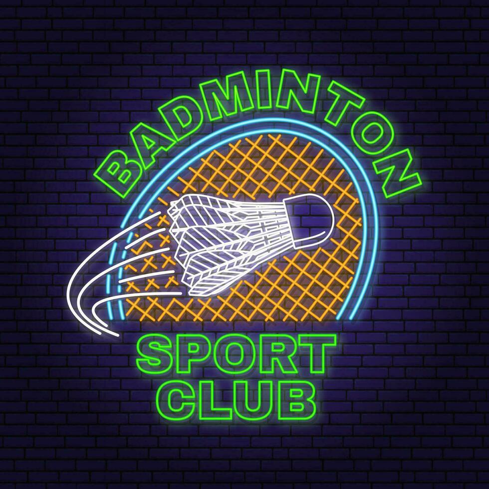 badminton sport neon embleem, logo. vector illustratie. wijnoogst badminton etiket met racket en shuttle silhouetten. concept voor overhemd of logo, afdrukken, postzegel of advertentie.