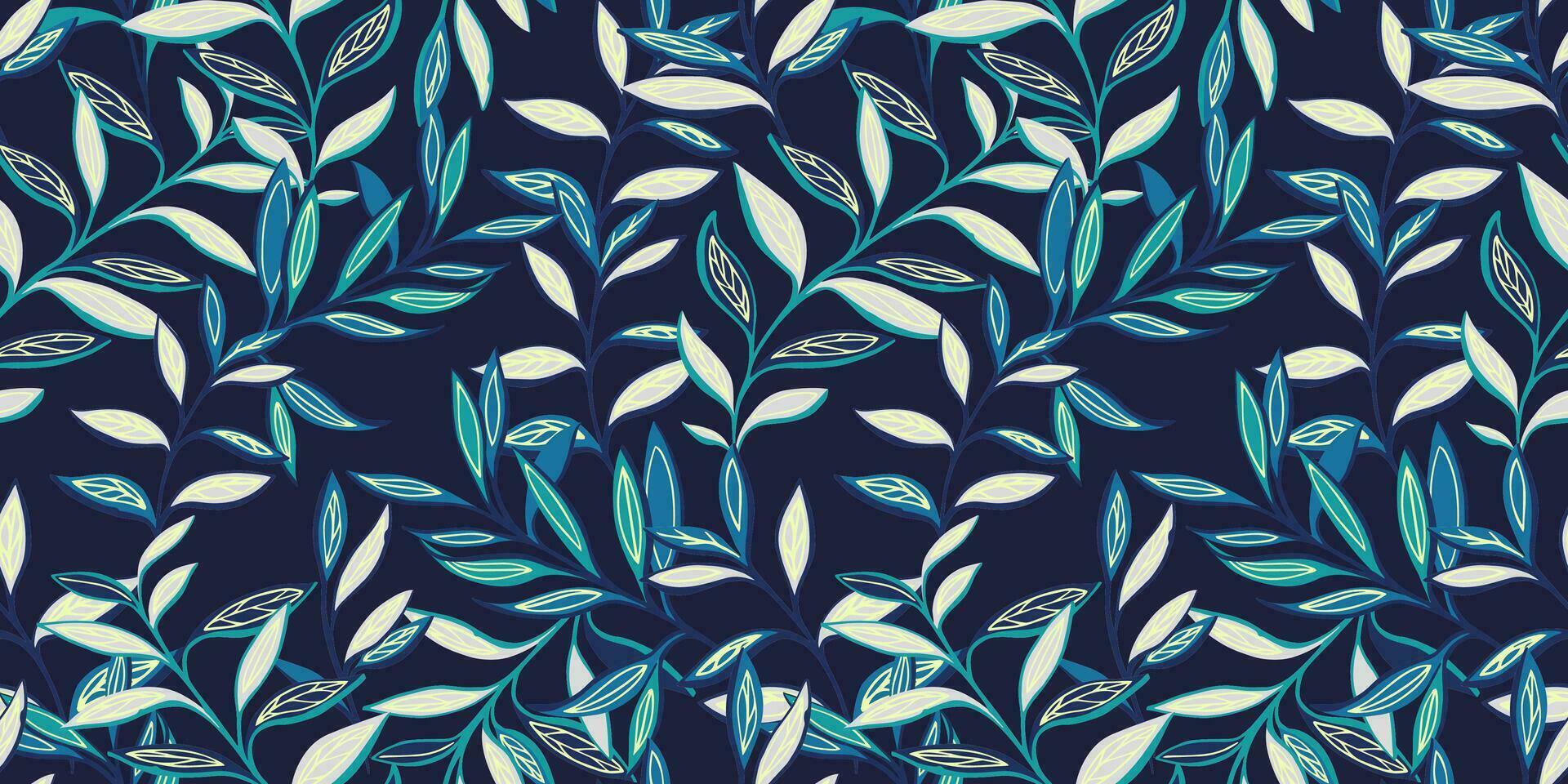 abstract creatief bladeren stam met elkaar verweven in een naadloos patroon. modern gestileerde tropisch botanisch afdrukken. donker blauw blad takken Aan een zwart achtergrond. vector hand- getrokken schetsen. sjabloon voor kleding stof