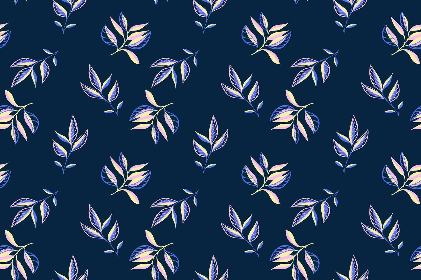 naadloos creatief klein abstract takken bladeren patroon. vector hand- getrokken. retro stengels blad Aan een donker blauw achtergrond. sjabloon voor textiel, mode, kleding stof, behang