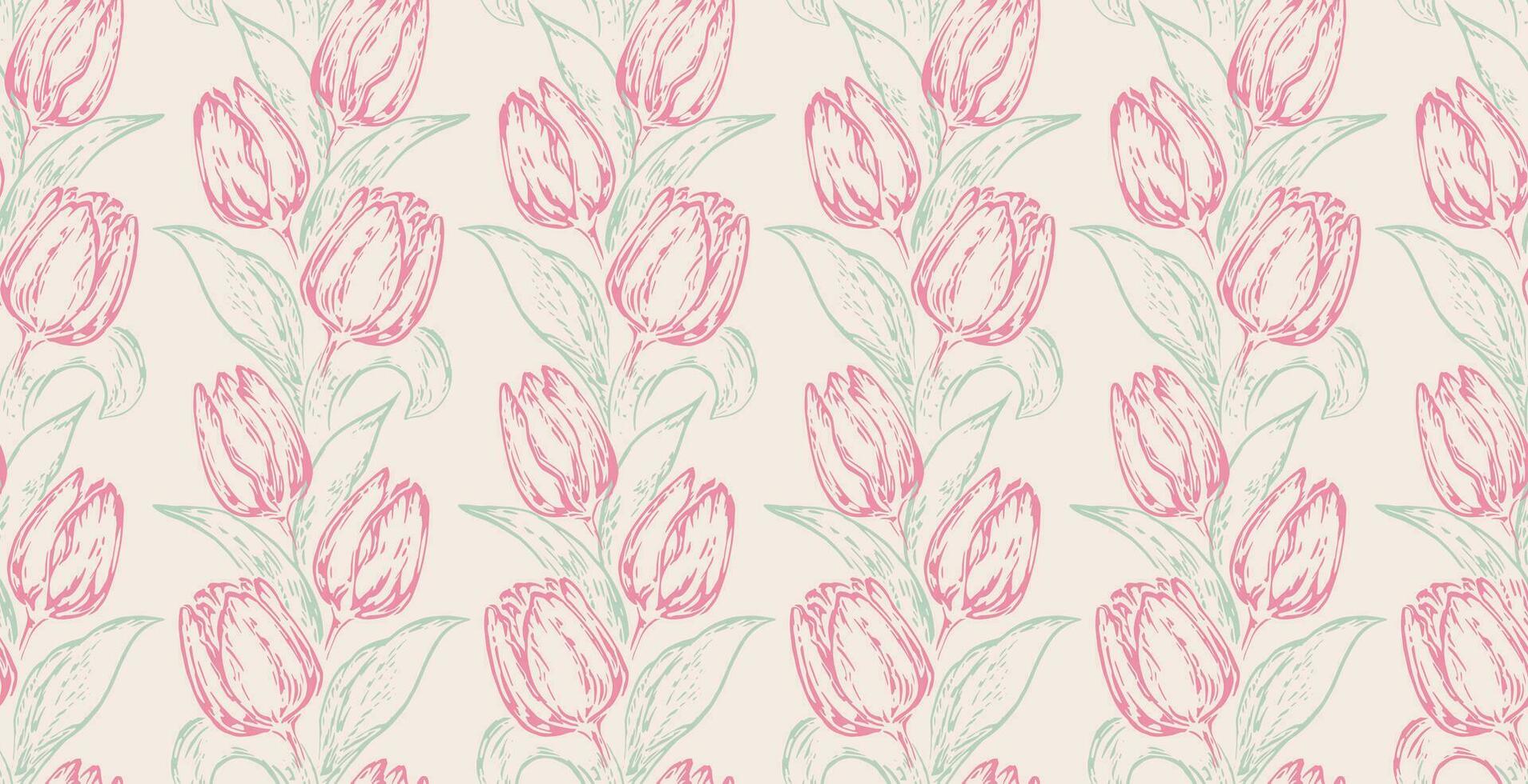 vector hand- getrokken schetsen silhouetten bloemen tulpen naadloos patroon. botanisch illustratie. gemakkelijk licht bloemen afdrukken. sjabloon voor ontwerp, textiel, mode, oppervlakte ontwerp, kleding stof, behang