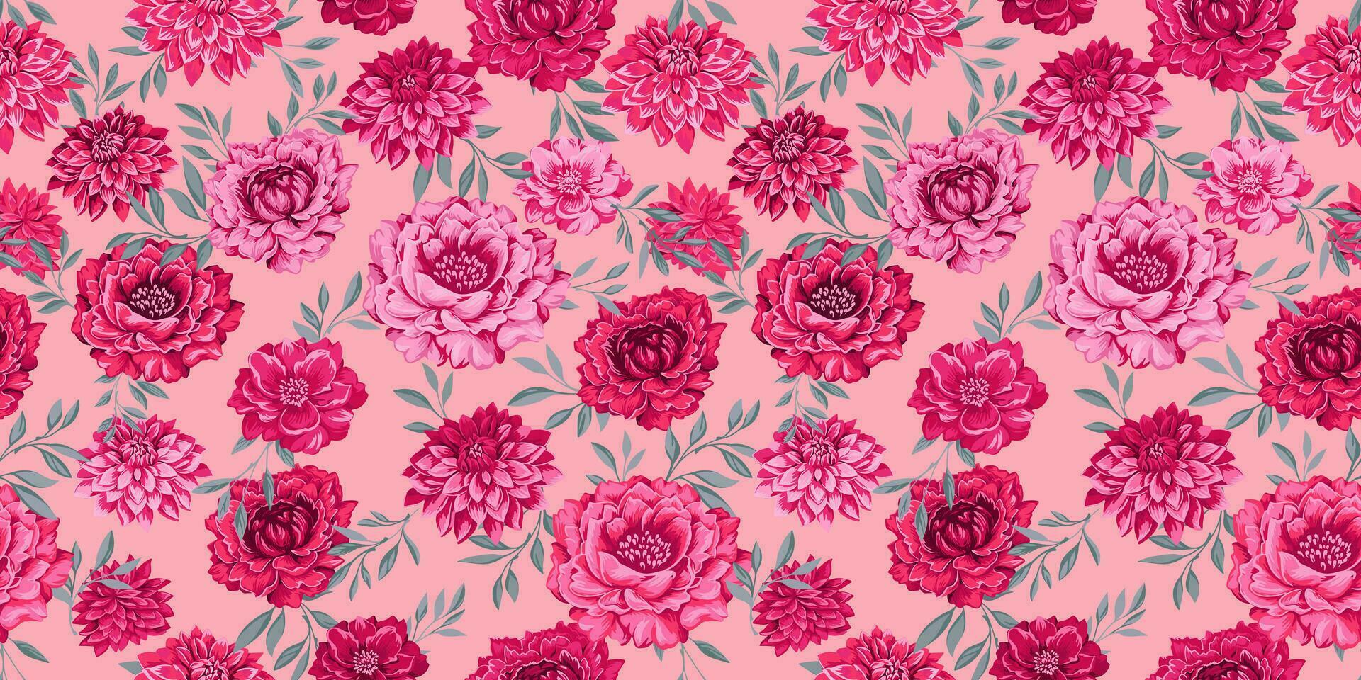 overladen naadloos patroon met bloemen pioenrozen, dahlia's en bladeren. vector hand- getrokken. mooi, artistiek, vintage, kleurrijk bloemen afdrukken. bloemen tapijtwerk. ontwerp voor mode, kleding stof, behang