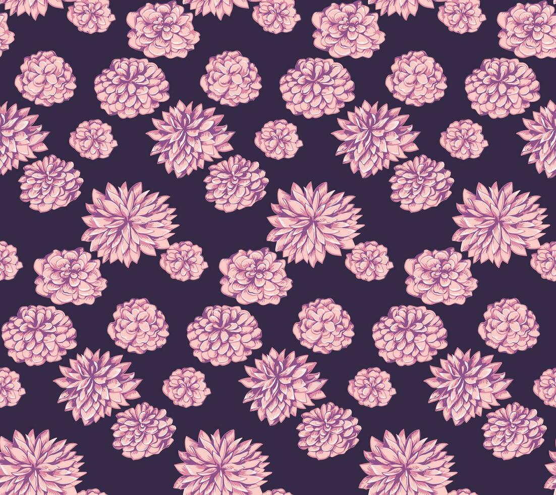 naadloos patroon met vector hand- getrokken abstract bloemen pioenrozen, dahlies. retro ditsy roze bloemen afdrukken Aan een donker achtergrond. sjabloon voor ontwerp, textiel, mode, afdrukken, kleding stof, behang