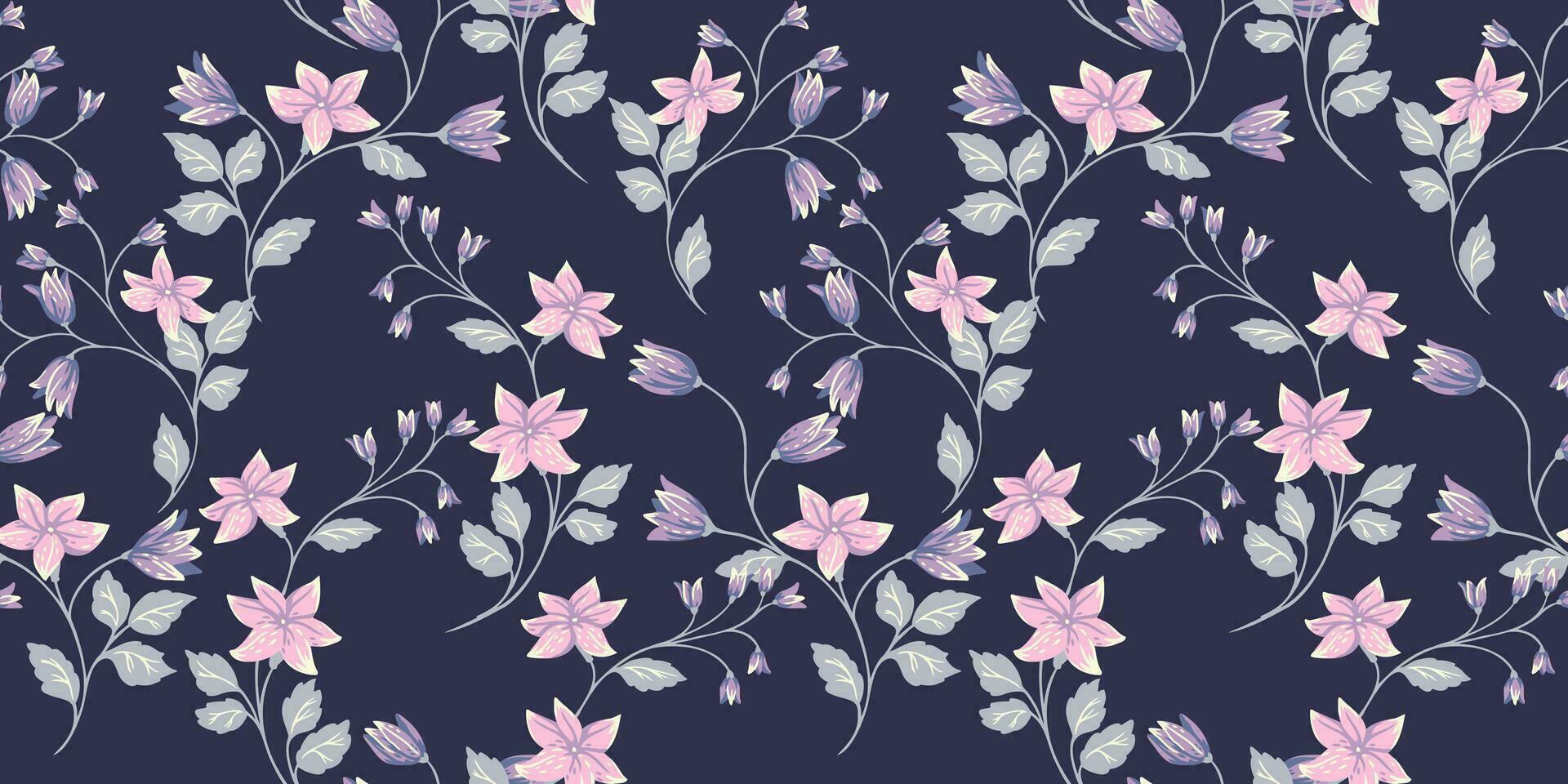 elegant voorzichtig retro takken met bloemen klokken naadloos patroon. vector hand- getrokken. artistiek, abstract roze takken bloemen en bladeren, bloemknoppen Aan een donker blauw terug afdrukken. ontwerp voor mode, kleding stof