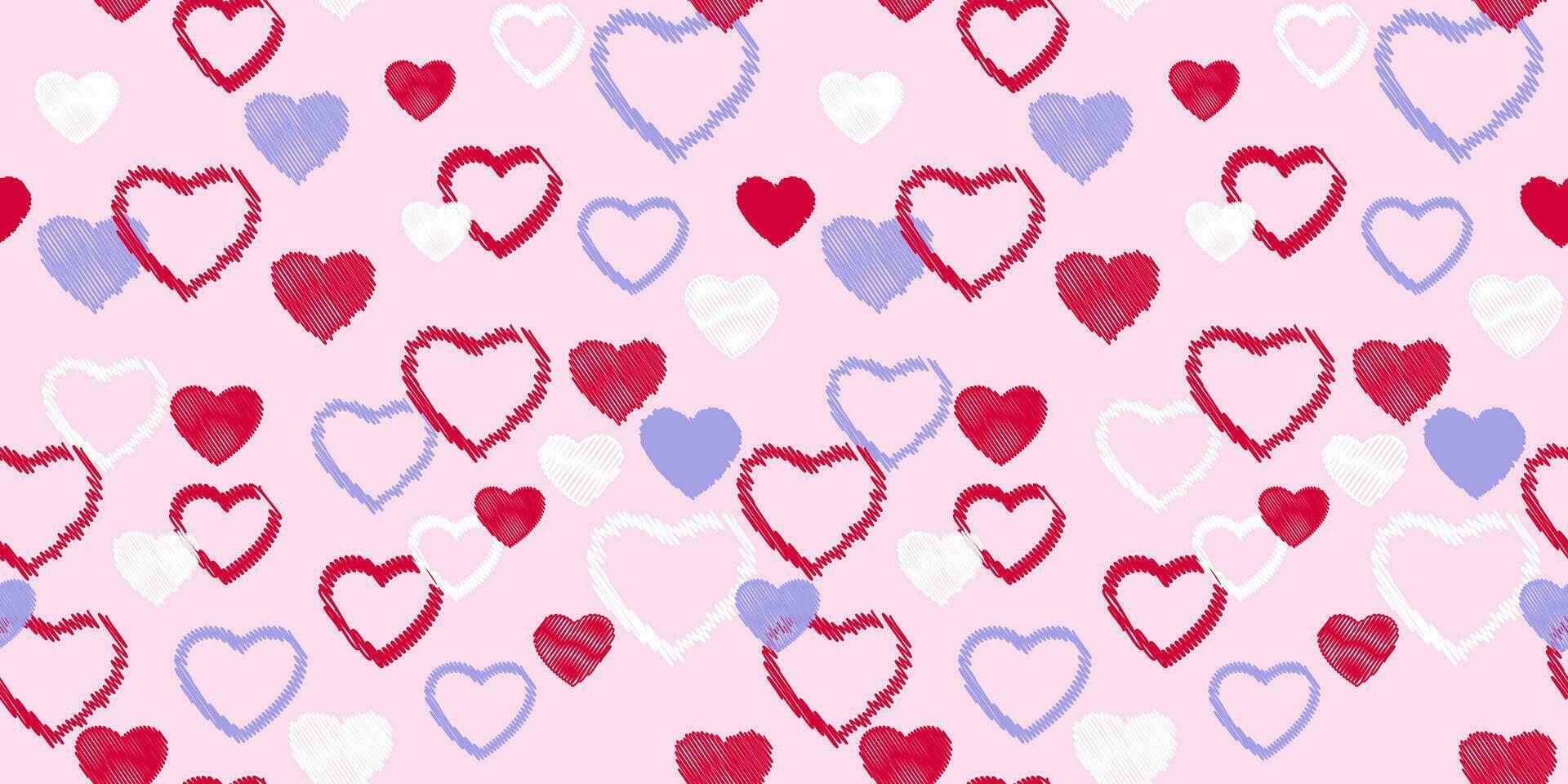 naadloos patroon met vector hand- getrokken schetsen harten. afdrukken met reeks getextureerde vorm hart silhouetten. valentijn, liefde achtergrond. ontwerp voor textiel, mode, oppervlakte ontwerp, kleding stof