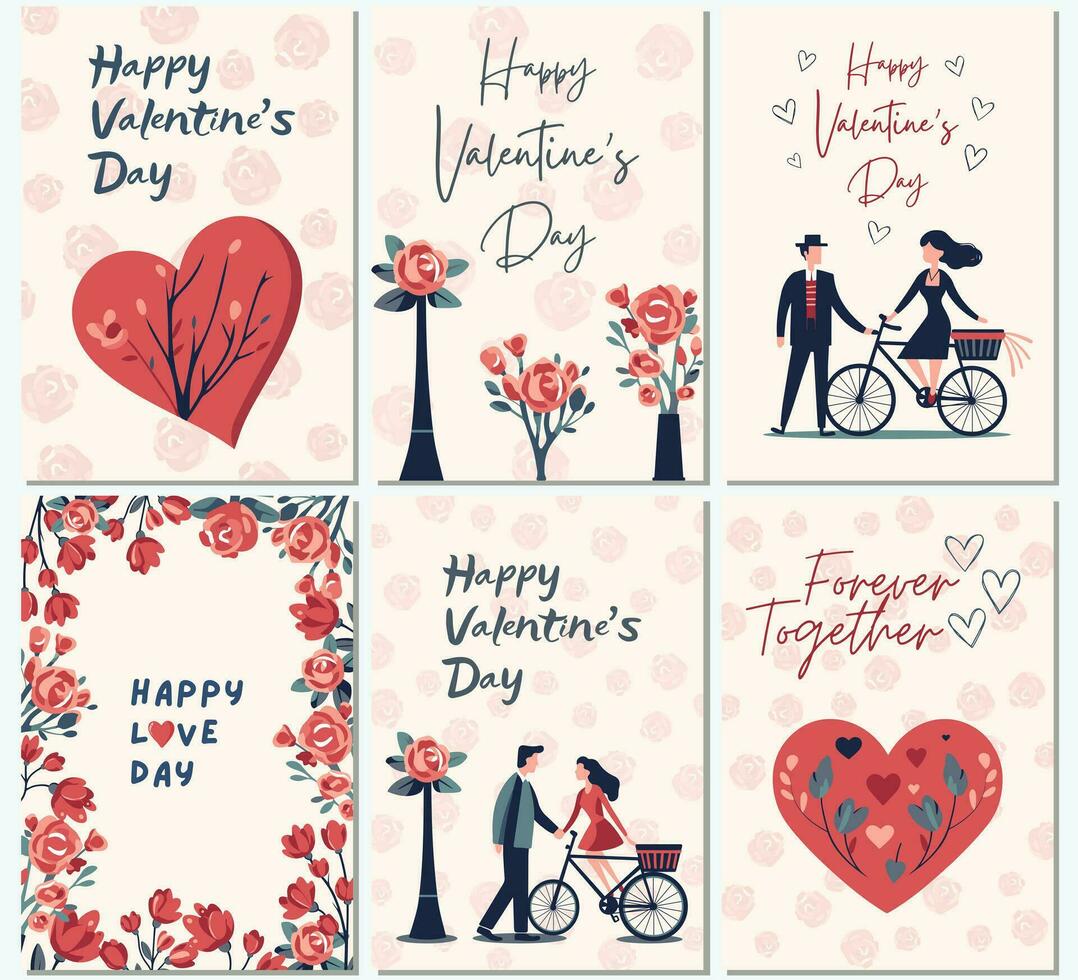 reeks van liefde dag kaarten. Valentijnsdag dag concept poster in vlak stijl. achtergronden met stel, harten, rozen. banier of groet kaart vector