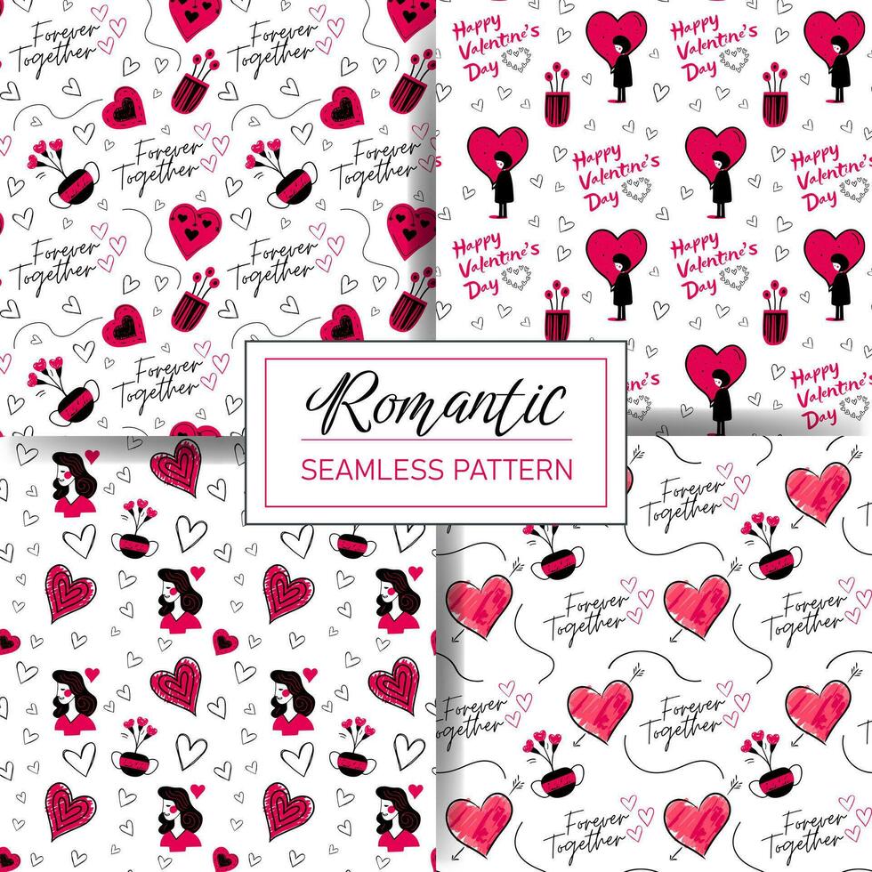 Valentijnsdag dag patronen. reeks van naadloos tekening liefde achtergronden met hart, tekst, meisje. vector behang.