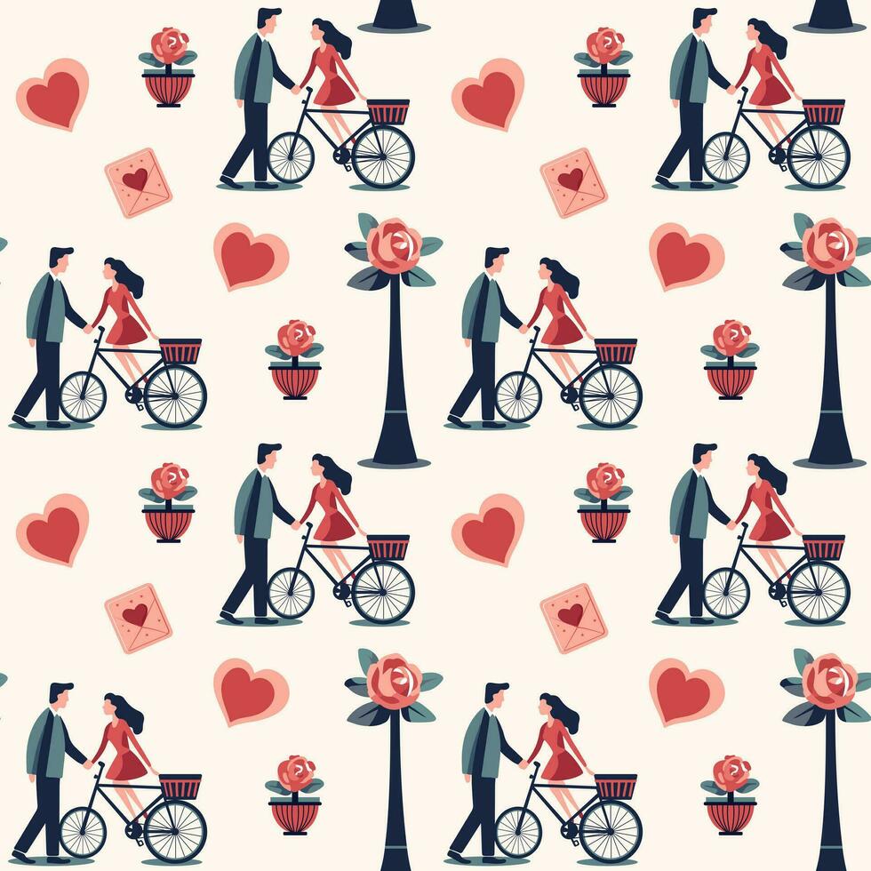 Valentijnsdag dag achtergrond. hart vormen en romantisch paar. liefde boeketten naadloos vector patroon.