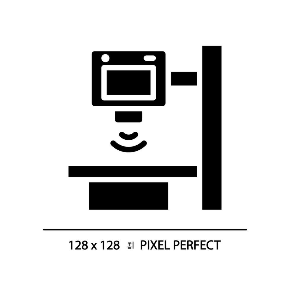 X straal machine pixel perfect zwart glyph icoon. fysiek inspectie. diagnostisch in beeld brengen. radiologie scannen. controleren omhoog. silhouet symbool Aan wit ruimte. solide pictogram. vector geïsoleerd illustratie