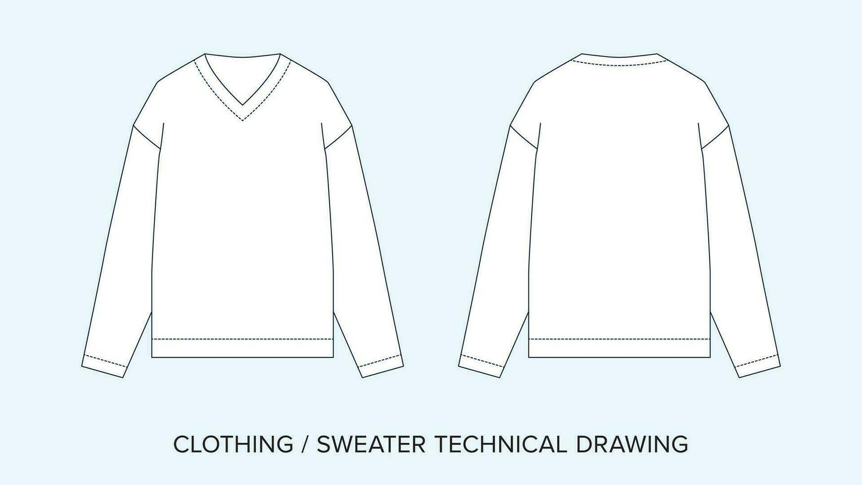 wol v nek trui, technisch tekening, kleding blauwdruk voor mode ontwerpers vector