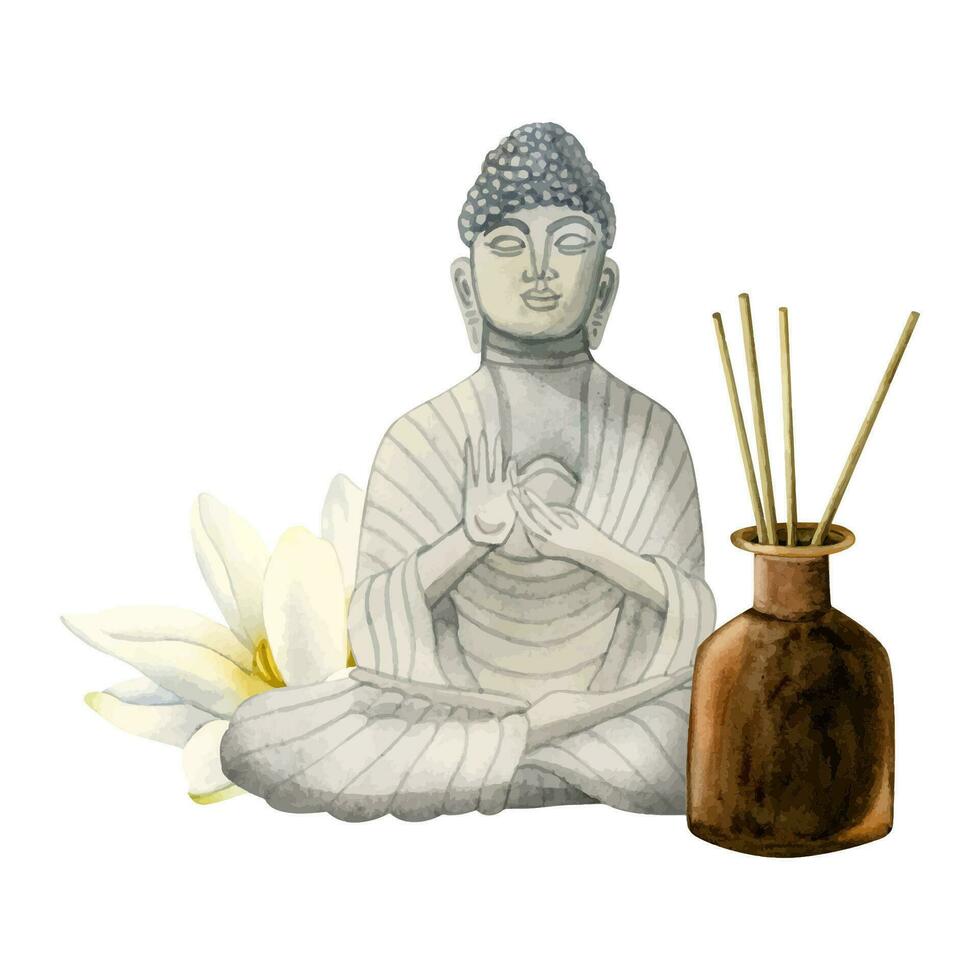 Boeddha standbeeld, aroma stokjes in verdeler fles en lotus bloem waterverf vector illustratie voor spa, meditatie, welzijn