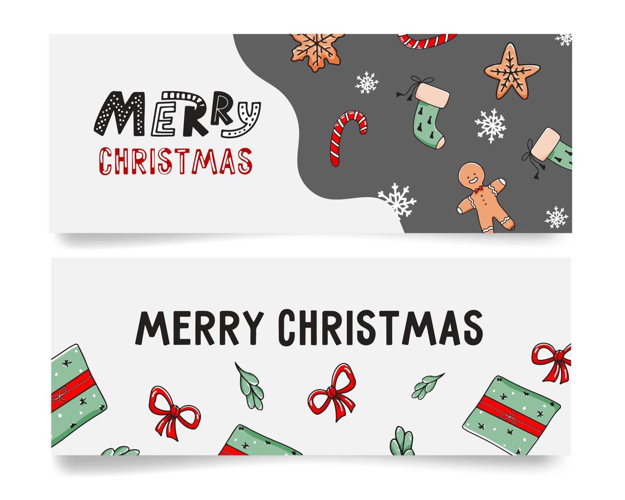 set kerst horizontale webbanners met handgetekende snoep, snoep, geschenken en belettering. vector