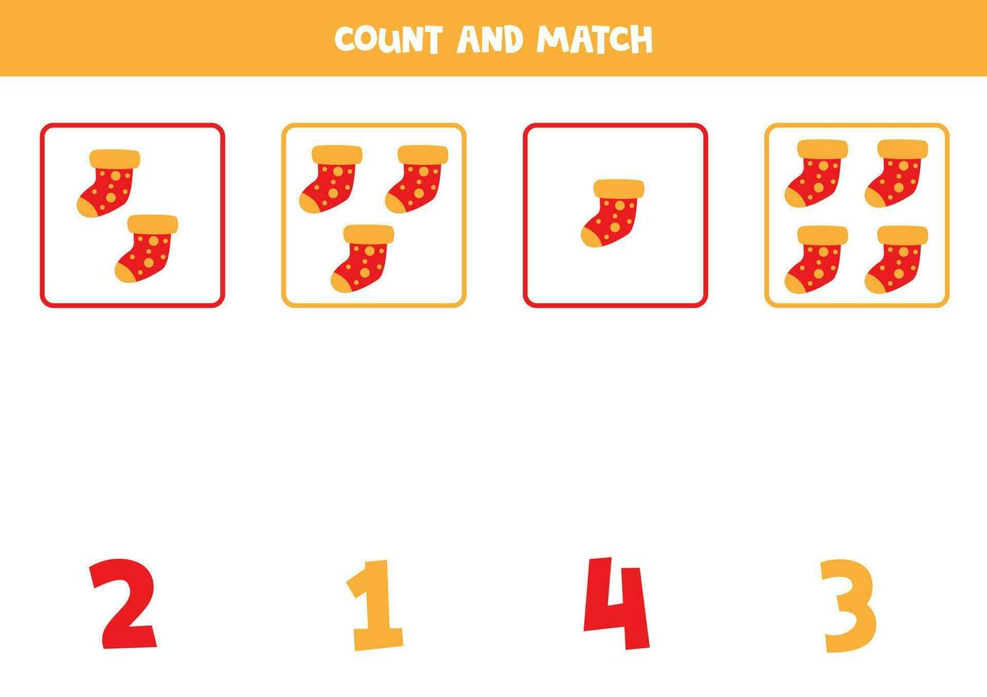 tellen spel voor kinderen. tellen allemaal rood sokken en bij elkaar passen met nummers. werkblad voor kinderen. vector