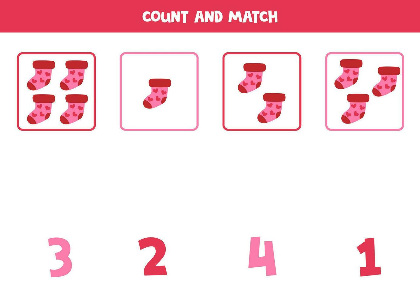 tellen spel voor kinderen. tellen allemaal roze sokken en bij elkaar passen met nummers. werkblad voor kinderen. vector