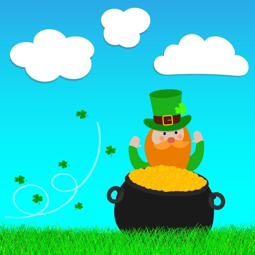 gelukkige st. patrick's day kabouter achter de pot met goud op het gras concept van briefkaart vectorillustratie vector