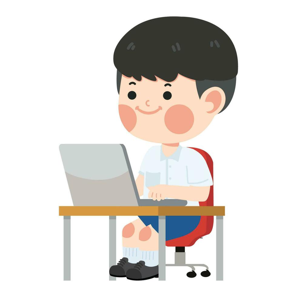 schattig leerling zittend Bij de laptop vector