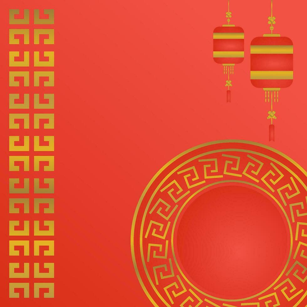 rood Chinese nieuw jaar achtergrond. Chinese nieuw jaar groet kaart met cirkel voor uitverkoop producten. vector ontwerp met gouden Chinese kader ornament en lantaarn.