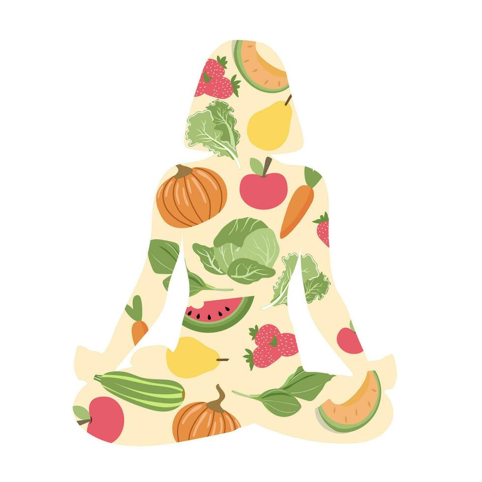 hand- getrokken vrouw silhouet met groenten en fruit binnen. aan het eten gezond concept. vector illustratie geïsoleerd Aan wit achtergrond.