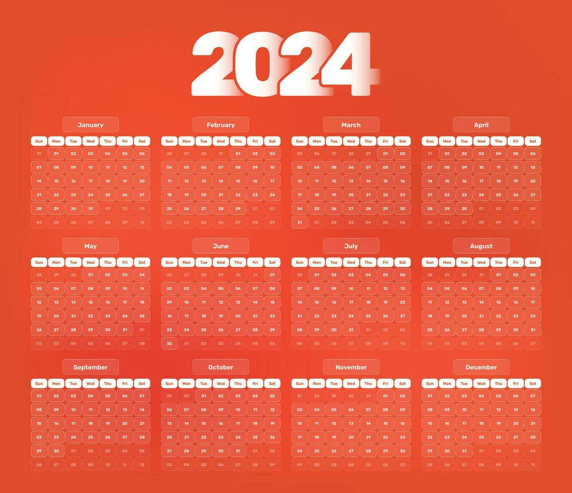 donker oranje minimalistische 2024 nieuw jaar kalender datum sjabloon ontwerp met accuraat datum formaat vector