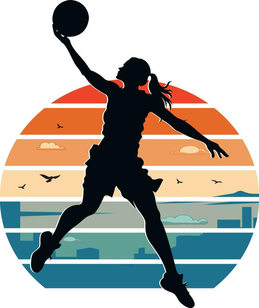 vrouw basketbal leggen omhoog, sport actie silhouet, vector ,illustratie met wijnoogst lucht t-shirt sjabloon.