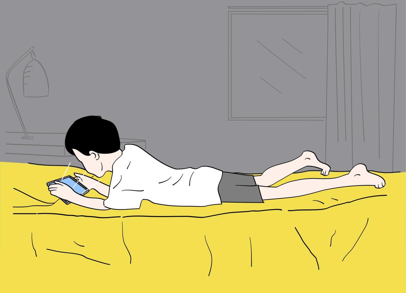 een kleine jongen die een film kijkt vanuit een gadget op het bed. handgetekende stijl vectorontwerpillustraties. vector